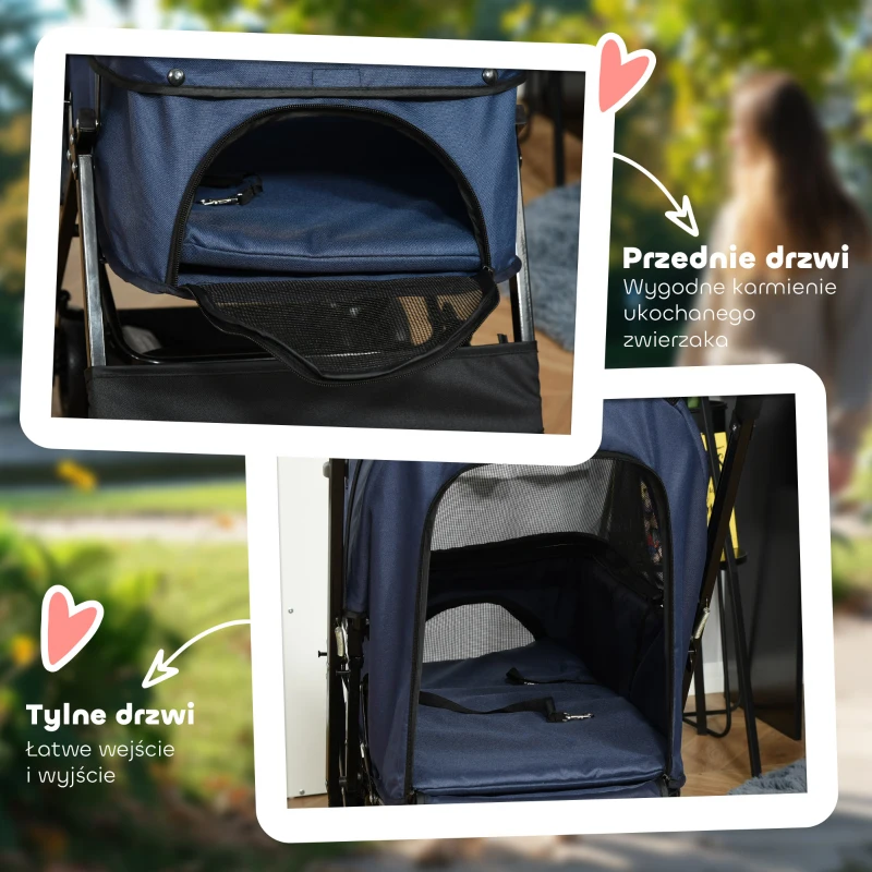 PawHut Hundebuggy składany, 1 kosz, 2 hamulce, zabezpieczenie, Niebieski