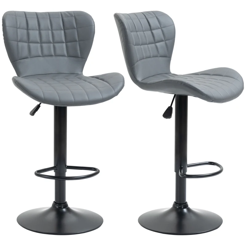 HOMCOM Bar Stools Set of 2 Adjustable Height Swivel Bar Chairs in PU Leather with Backrest & Footrest, Grey