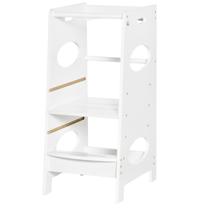 HOMCOM Toddler Step Stool Kids Adjustable Standing Tower with Safety Rail for Kitchen Counter White(m-11)