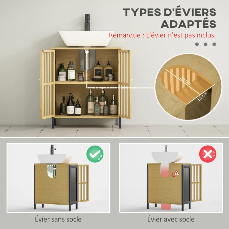 HOMCOM Meuble sous vasque 2 portes avec étagère réglable armoire de rangement pour lavabo 60 x 30 x 70 cm MDF et bambou