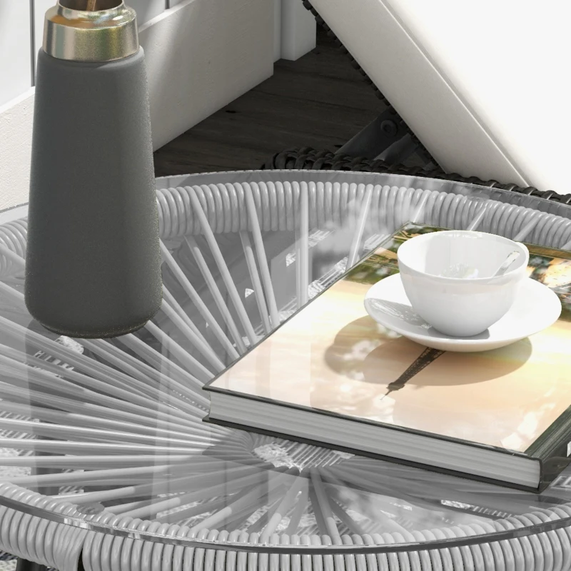 Outsunny Tavolino da Giardino Stile Boho, Tavolino d'Appoggio in PE-Rattan, Vetro Temperato, Resistente alle Intemperie, 50 cm x 50 cm x 50 cm, Grigio