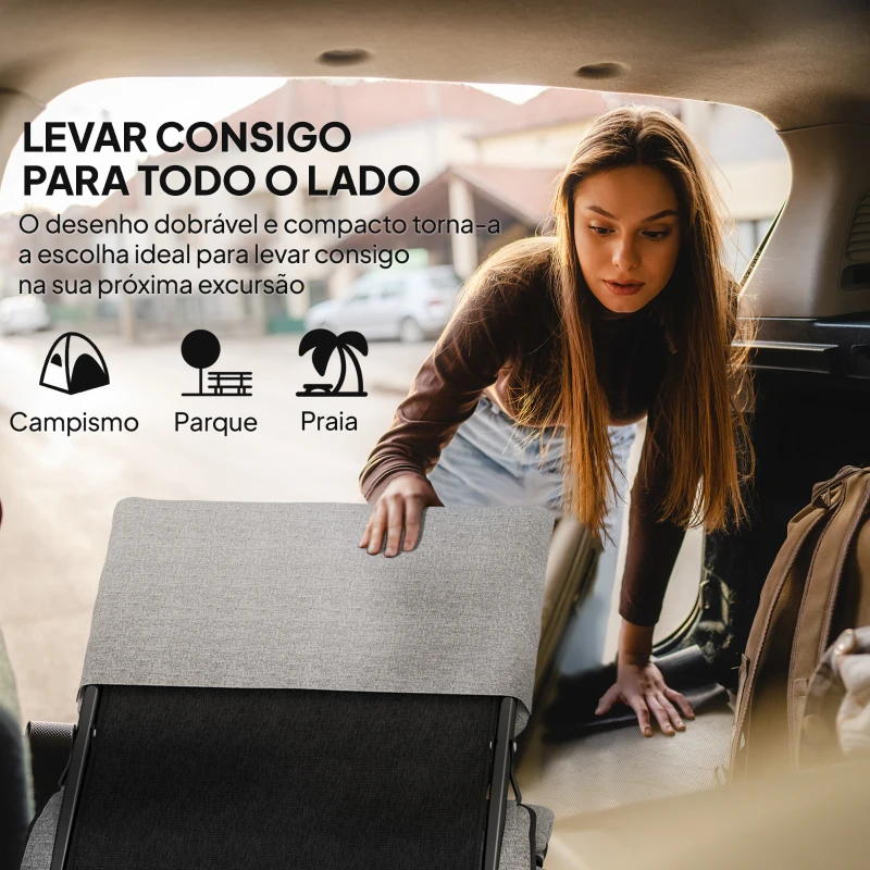 Outsunny Cadeira de Campismo Dobrável Cadeira de Jardim Portátil com Almofada Acolchoada Removível e Apoio para os Braços Estrutura de Aço para Terraço Praia Exterior 66x94x79cm Cinza