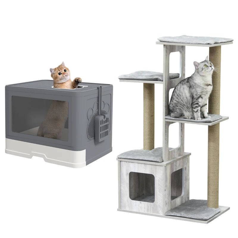 PawHut Conjunto para Gatos com Arranhador para Gatos 114 cm com Múltiplas Plataformas e Caixa de Areia Coberta Cinza