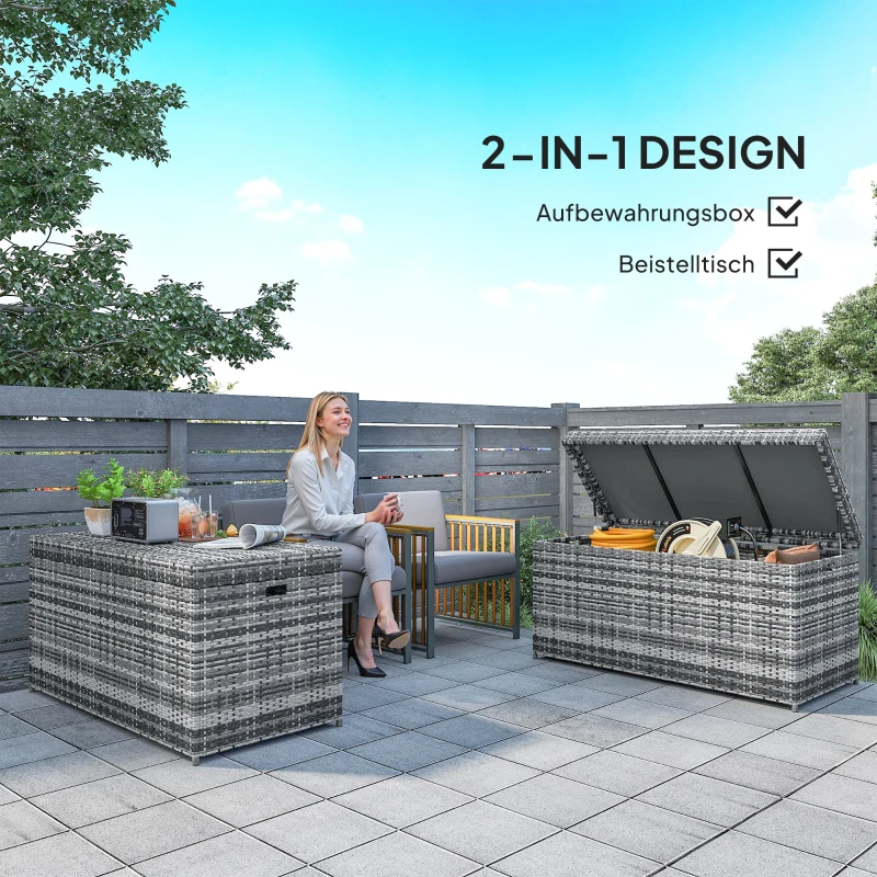 Outsunny Rattan Kussenbox 380L weerbestendig met Deksel Opbergbox UV-bestendig 130 x 61 x 65 cm Donkergrijs