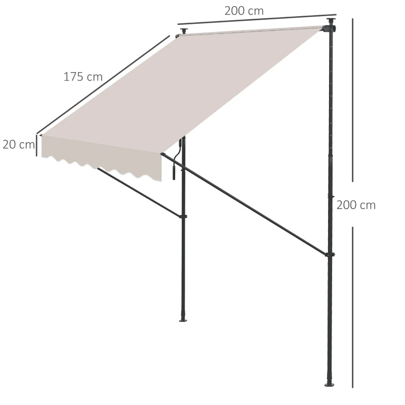 Outsunny Toldo Manual Retrátil Ajustável 200x170x200-290 cm com Manivela Proteção Solar UV40+ para Varanda Jardim Creme