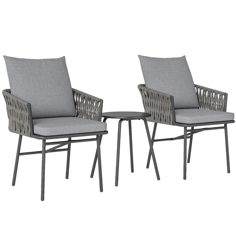 Outsunny Set di Mobili da Esterno 3 Pezzi con 2 Sedie e 1 Tavolo, Set Bistrò, Rattan Sintetico, Struttura in Acciaio, Tavolo in Metallo, 4 Cuscini, Grigio