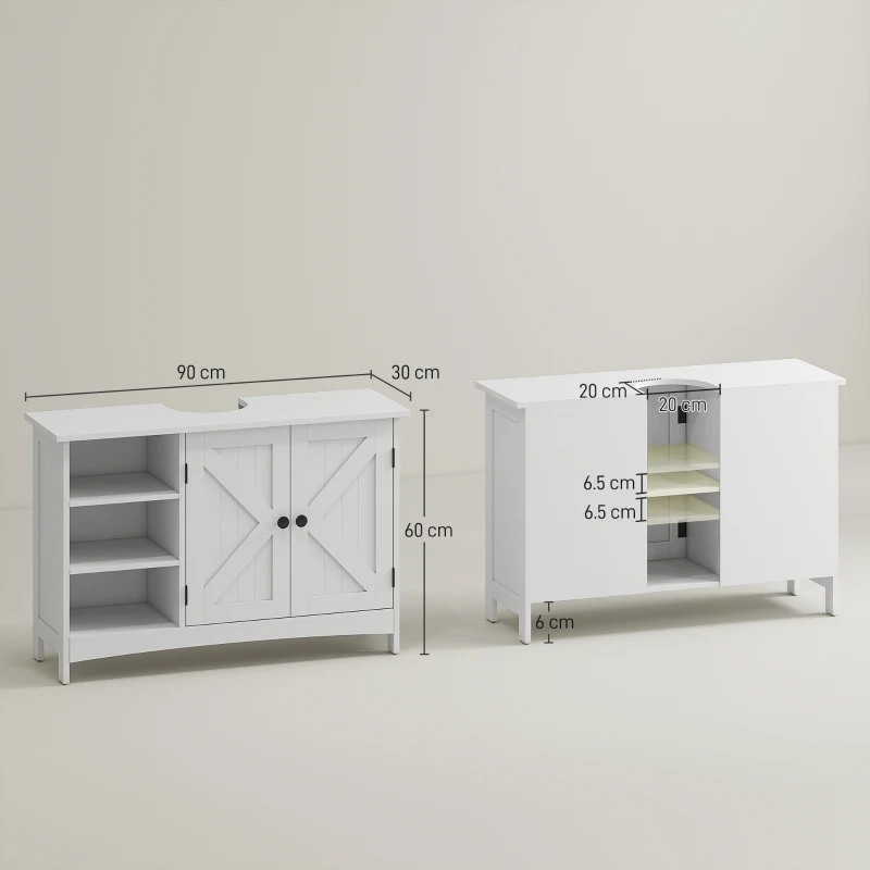 kleankin Dulap Rustic Alb pentru Sub Chiuveta – 2 Usi si Rafturi(m-3)