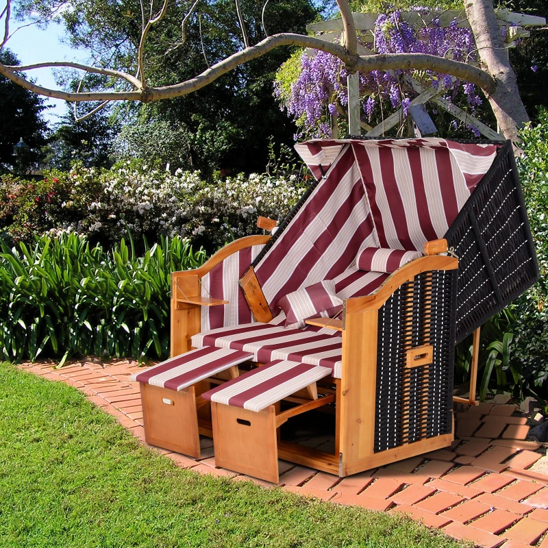 Outsunny Sedia da Spiaggia 2 Posti in con Schienale Regolabile su 5 Livelli, Poggiapiedi e Tavolini Laterali, Intreccio PE, Struttura in Legno di Pino, Rosso e Bianco