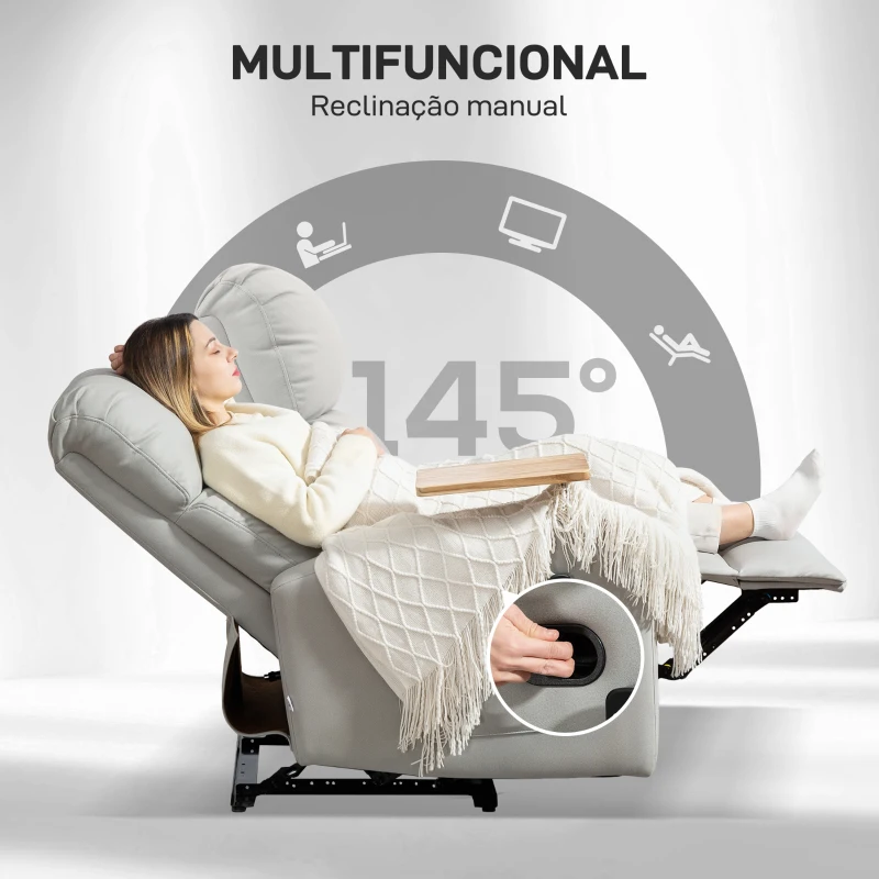 HOMCOM Poltrona de Massagem Poltrona Relax Elétrica com 4 Modos de Vibração Reclinação 145° Mesa 2 Bolsos Laterais 77x93x105 cm Cinza