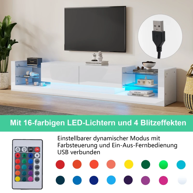 Open Glass Storage TV Stand with LED Lights, Modern Entertainment Centre with High Gloss Finish, Sliding Doors, 181L x 38W x 38H cm, White