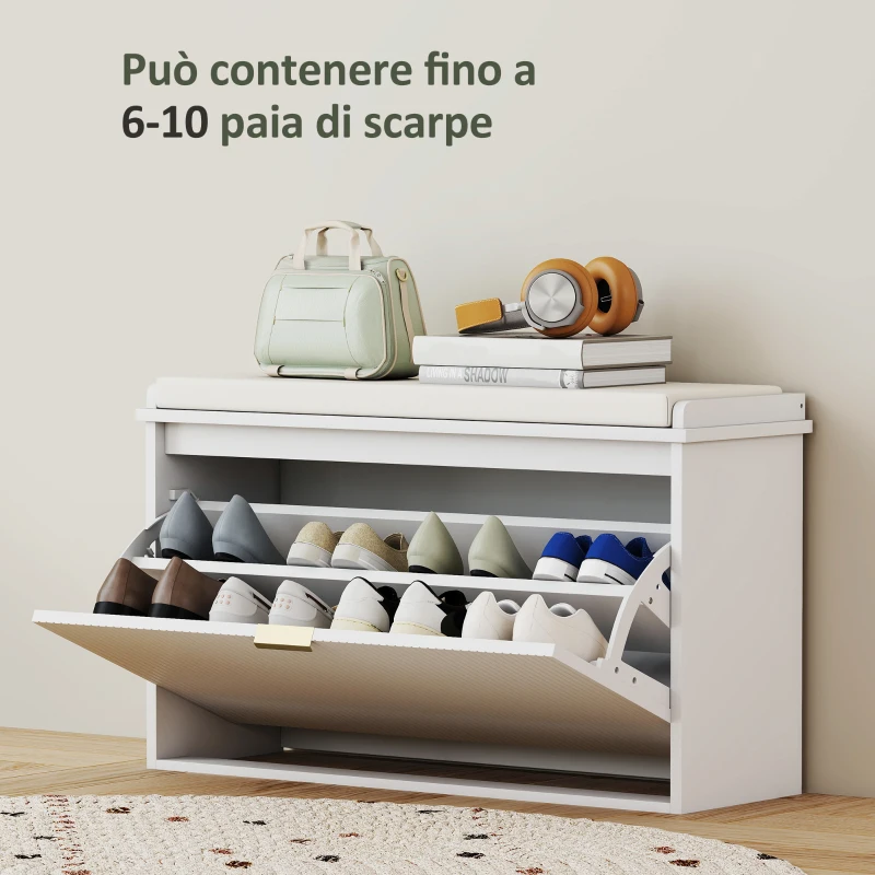 HOMCOM Panca Scarpiera con Ripiano Interno, in Legno e Tessuto Effetto Lino, 80x26x47.5 cm, Bianca e Beige