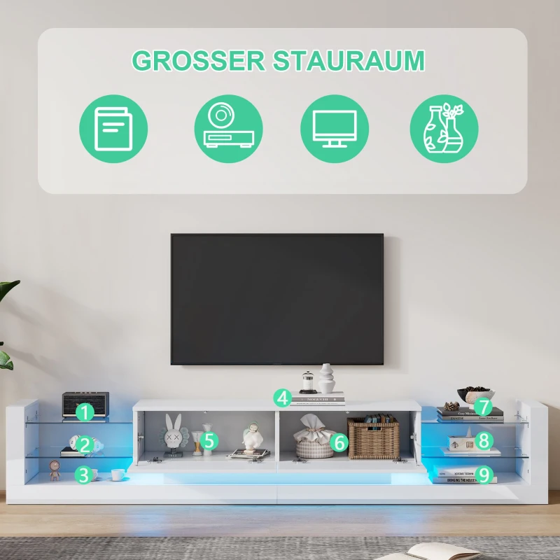 Open Glass Storage TV Stand with LED Lights, Modern Entertainment Centre with High Gloss Finish, Sliding Doors, 181L x 38W x 38H cm, White