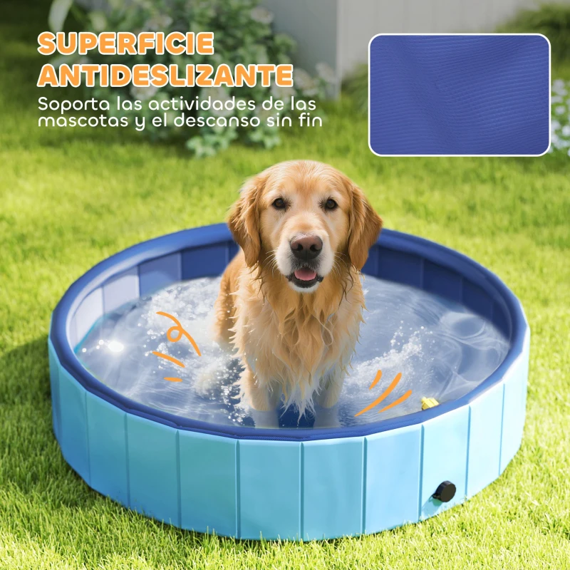 PawHut Piscina para Perros Grandes Plegable con Aspersor de PVC Antideslizante Resistente al Desgaste Ø120x30 cm Azul Claro