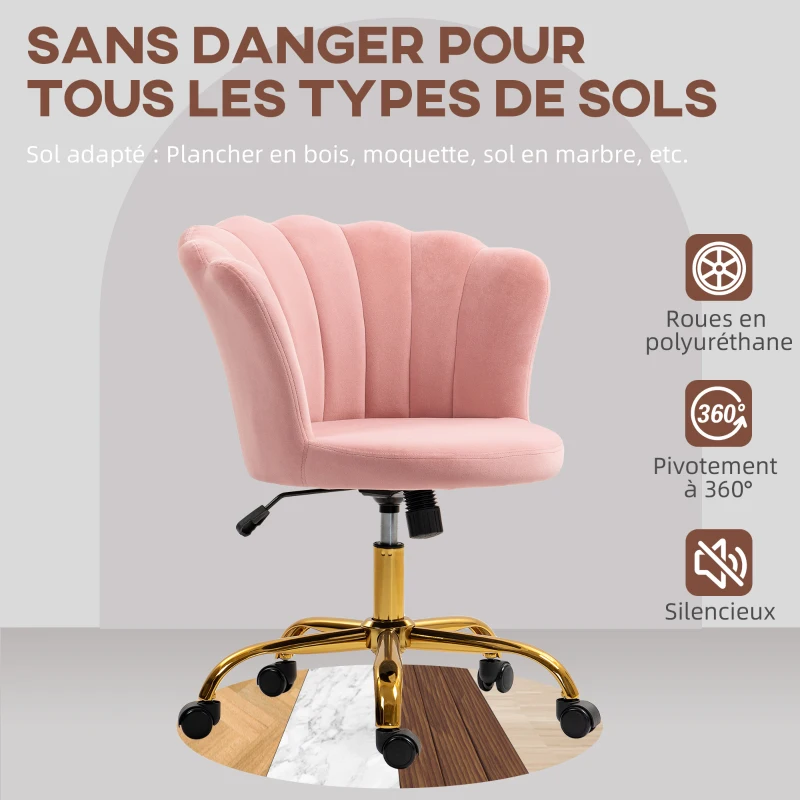 HOMCOM Chaise bureau en velours, chaise coiffeuse avec dossier en pétale, hauteur réglable, 69 x 64 x 80-90 cm, rose