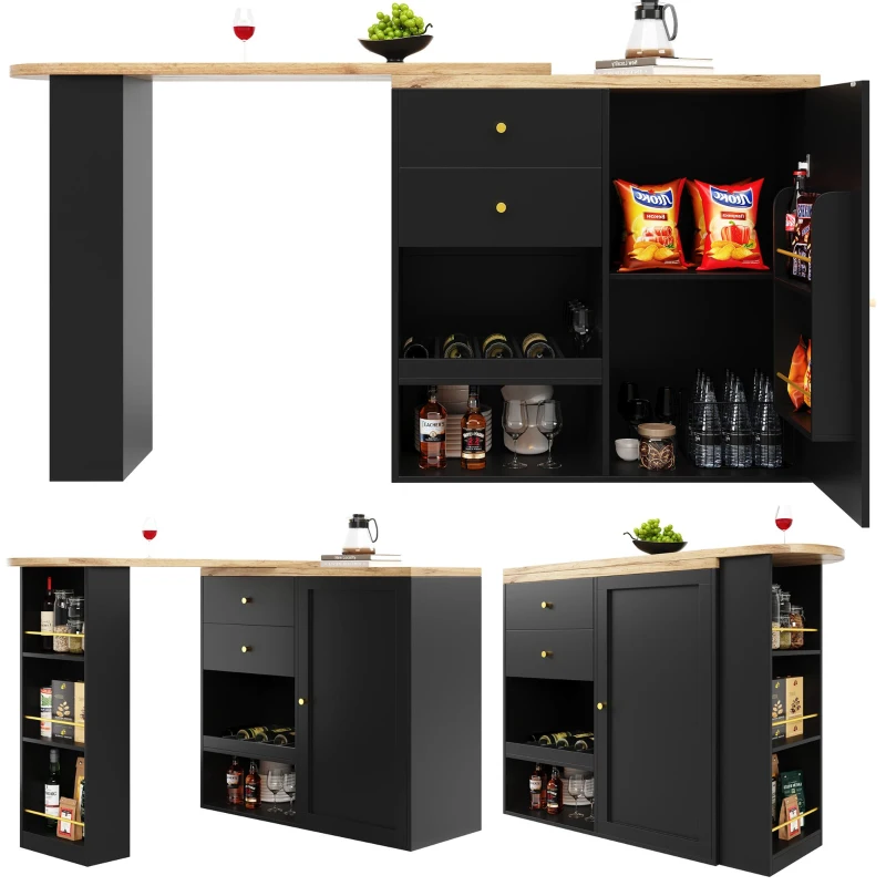 360° Swivelling Bar Table with 2 Drawers, Multi-Tiered Side Shelves, Storage Cabinet for Study, Living Room, 193L x 39W x 104H cm, Black