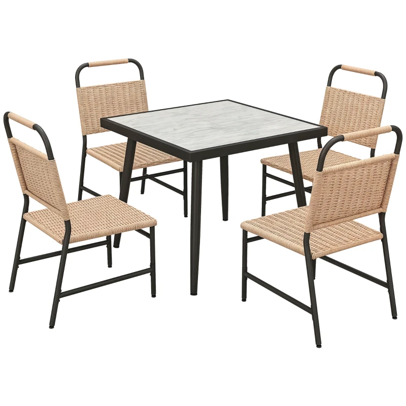Outsunny Ensemble table carrée et 4 chaises de jardin, 5 pièces, plateau verre trempée, résine tressée effet rotin