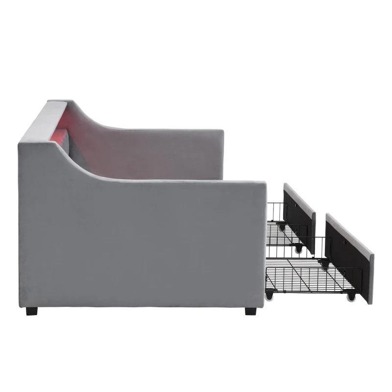 3FT Sofa Bed with 2 Drawers on Wheels, Light Strip, Charging Port, Upholstered Single Bed with Velvet Finish, 206L x 104W x 74H cm, Grey