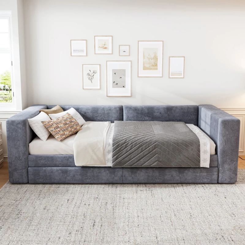 3FT Upholstered Single Bed with 2 Drawers, Side Compartments, Easy Assembly, Daybed Sofa Bed with Storage, 223.5L x 101W x 74.5H cm, Grey