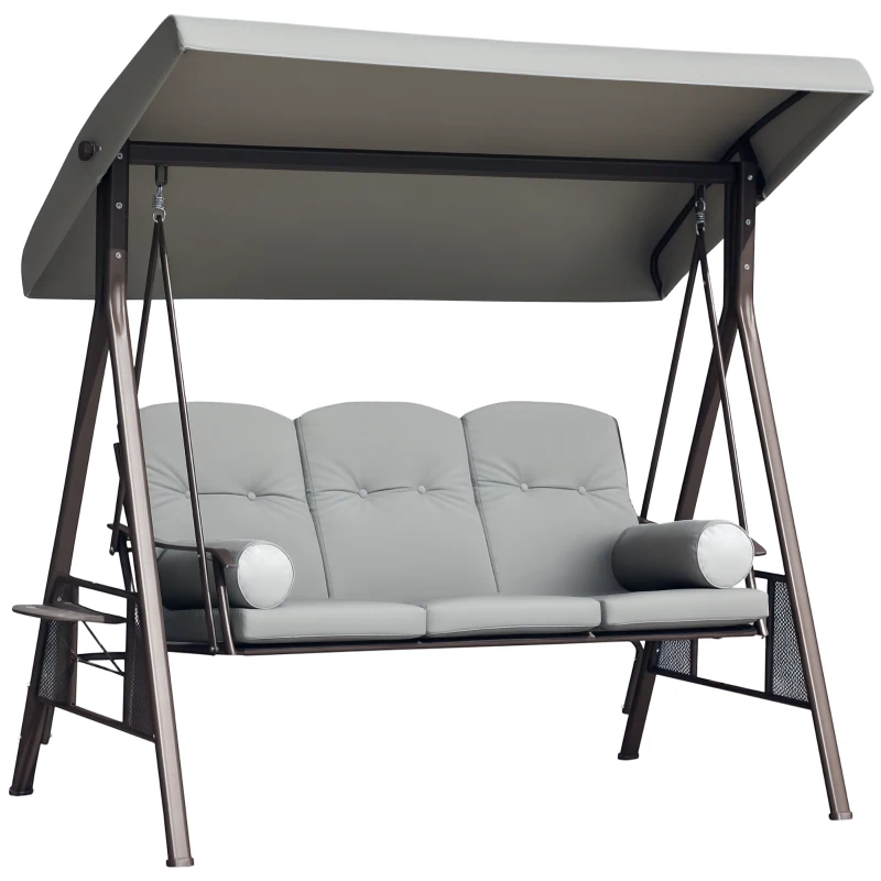Outsunny Columpio de Jardín de 3 Plazas con Estructura Metálica Toldo y Bandeja para Bebidas para Exterior 116x206x183 cm Gris