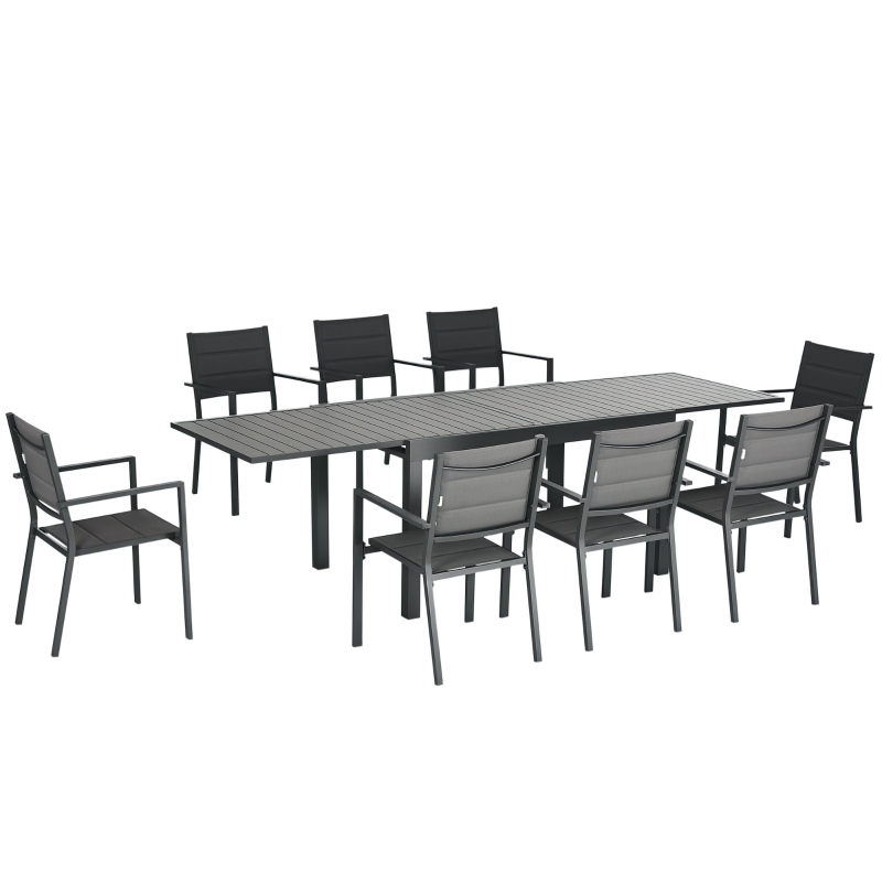 Outsunny Salon de jardin table extensible 135-270 cm en aluminium et textilène 6/10 personnes 8 chaises empilables gris