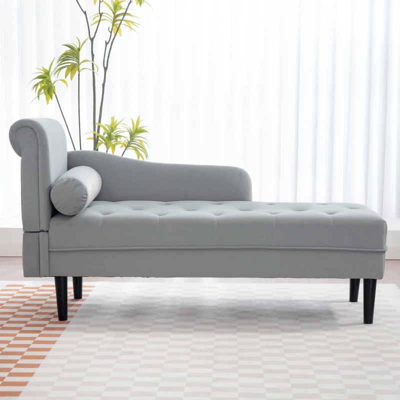 HOMCOM Chaise Longue con Rivestimento Trapuntato Effetto Velluto Grigio, in Legno Massello e Spugna, 146x61x82.5 cm