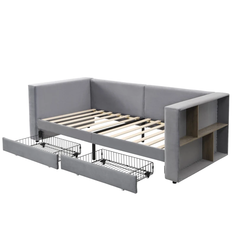 3FT Upholstered Single Bed with 2 Drawers, Side Compartments, Easy Assembly, Daybed Sofa Bed with Storage, 223.5L x 101W x 74.5H cm, Grey