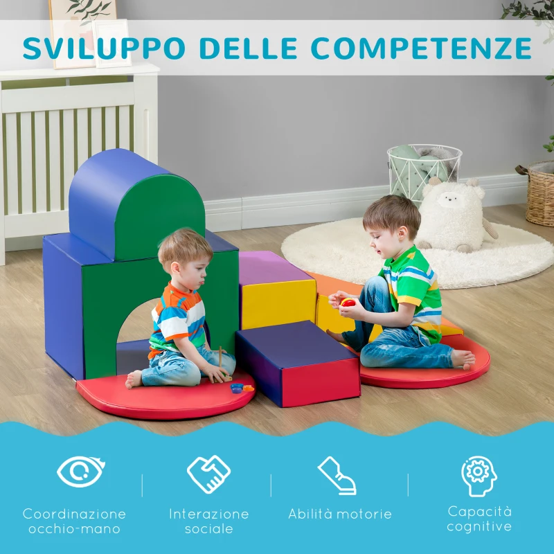 HOMCOM Set da Gioco per Bambini 12-36 Mesi da 7 Blocchi Multicolore in PU e EPE, 170x130x40 cm