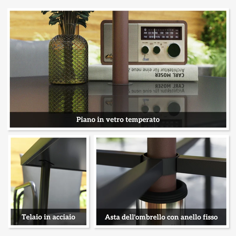 Outsunny Set da Giardino 5 Pezzi in Acciaio con 4 Sedie 58x58x66 cm e Tavolo 80x80x71 cm con Foro Centrale, Grigio