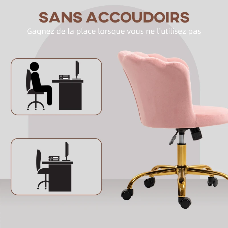 HOMCOM Chaise bureau en velours, chaise coiffeuse avec dossier en pétale, hauteur réglable, 69 x 64 x 80-90 cm, rose