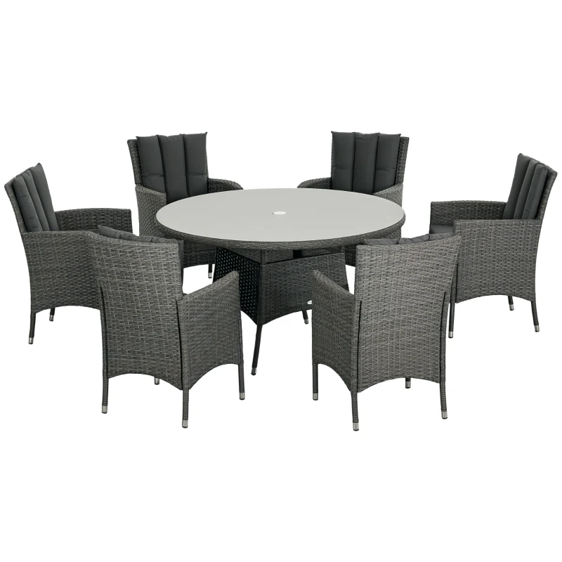 Outsunny Seven-Piece Rattan Dining Table, with Round Glass-Top Table - Mixed Grey