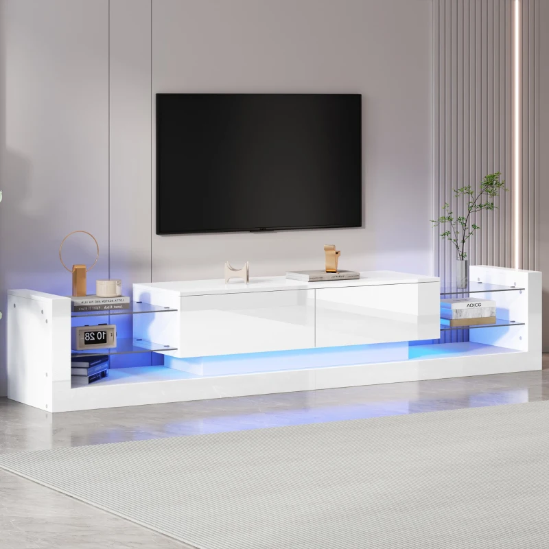 Open Glass Storage TV Stand with LED Lights, Modern Entertainment Centre with High Gloss Finish, Sliding Doors, 181L x 38W x 38H cm, White