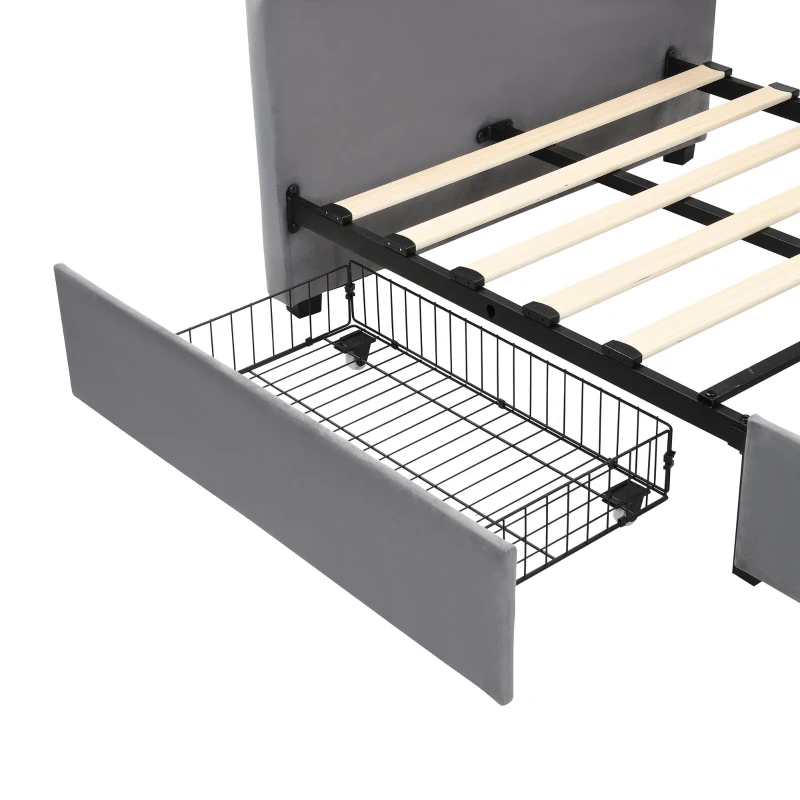 3FT Sofa Bed with 2 Drawers on Wheels, Light Strip, Charging Port, Upholstered Single Bed with Velvet Finish, 206L x 104W x 74H cm, Grey