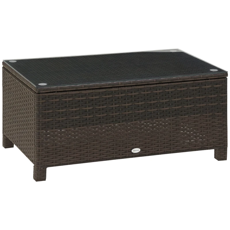 Outsunny Mesa de Centro Jardim de Vime Sintético Mesa de Apoio para Exterior com Vidro Temperado 85x50x39 cm Marrom