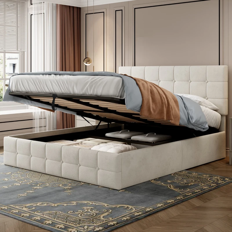 Velvet Double Bed with Hydraulic Storage, Adjustable Button Tufted Headboard, Upholstered Storage Bed Frame, 195L x 145W x 116H cm, Beige