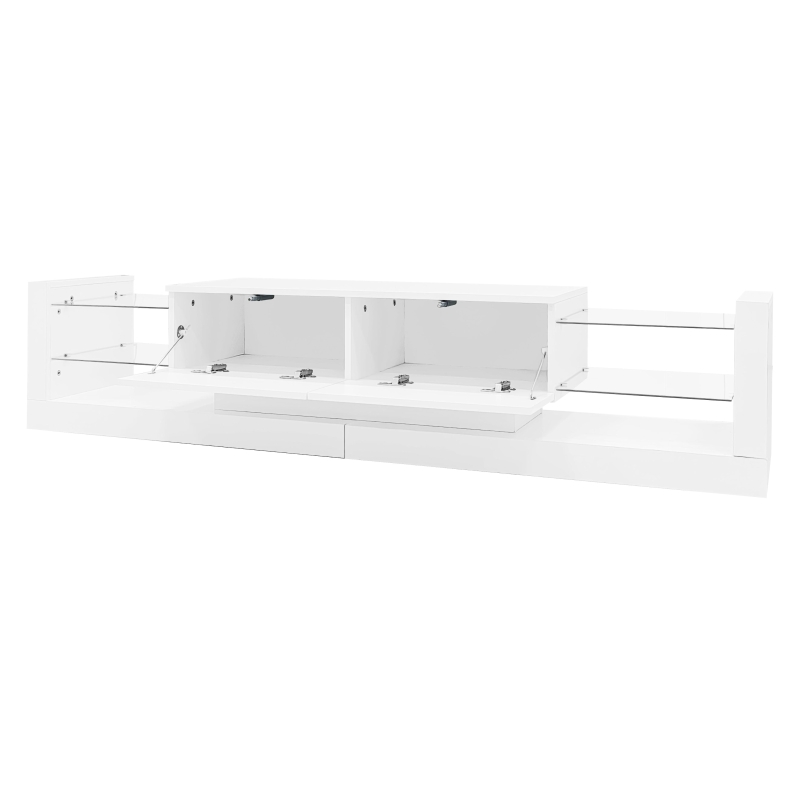 Open Glass Storage TV Stand with LED Lights, Modern Entertainment Centre with High Gloss Finish, Sliding Doors, 181L x 38W x 38H cm, White