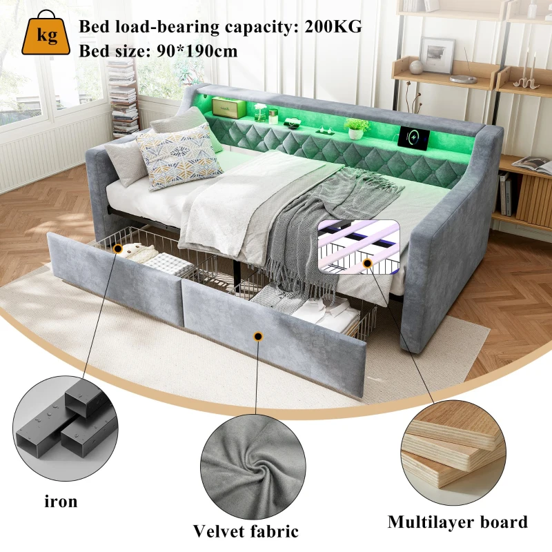 3FT Sofa Bed with 2 Drawers on Wheels, Light Strip, Charging Port, Upholstered Single Bed with Velvet Finish, 206L x 104W x 74H cm, Grey