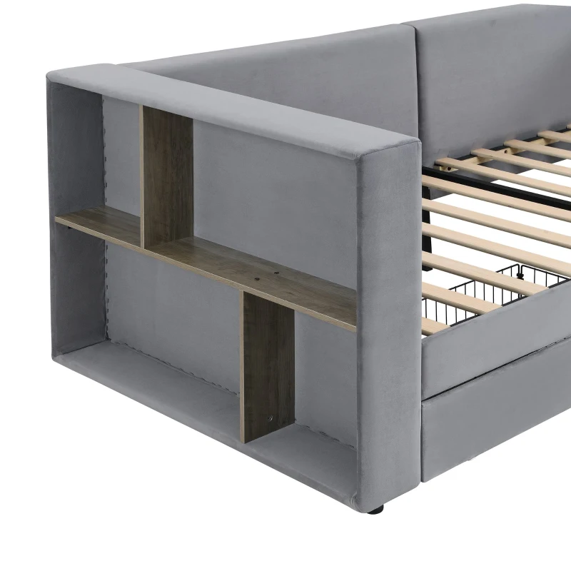 3FT Upholstered Single Bed with 2 Drawers, Side Compartments, Easy Assembly, Daybed Sofa Bed with Storage, 223.5L x 101W x 74.5H cm, Grey