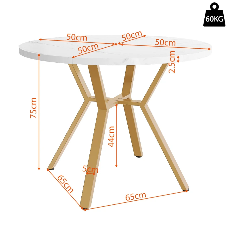 Round Dining Table with X-Shaped Metal Bracket, Marble Texture, Coffee Table for Various Interior Styles, 100L x 100W x 75H cm, Gold+White