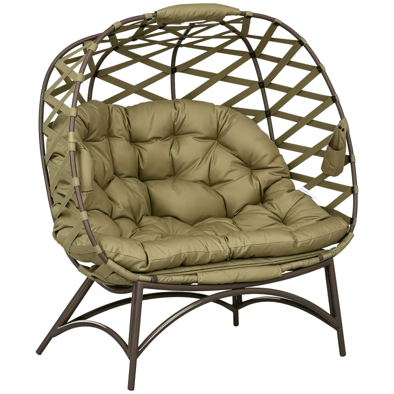 Outsunny 2 Seater Egg Chair Outdoor, Folding Weave Garden Furniture Chair with Cushion, Cup Pockets - Khaki
