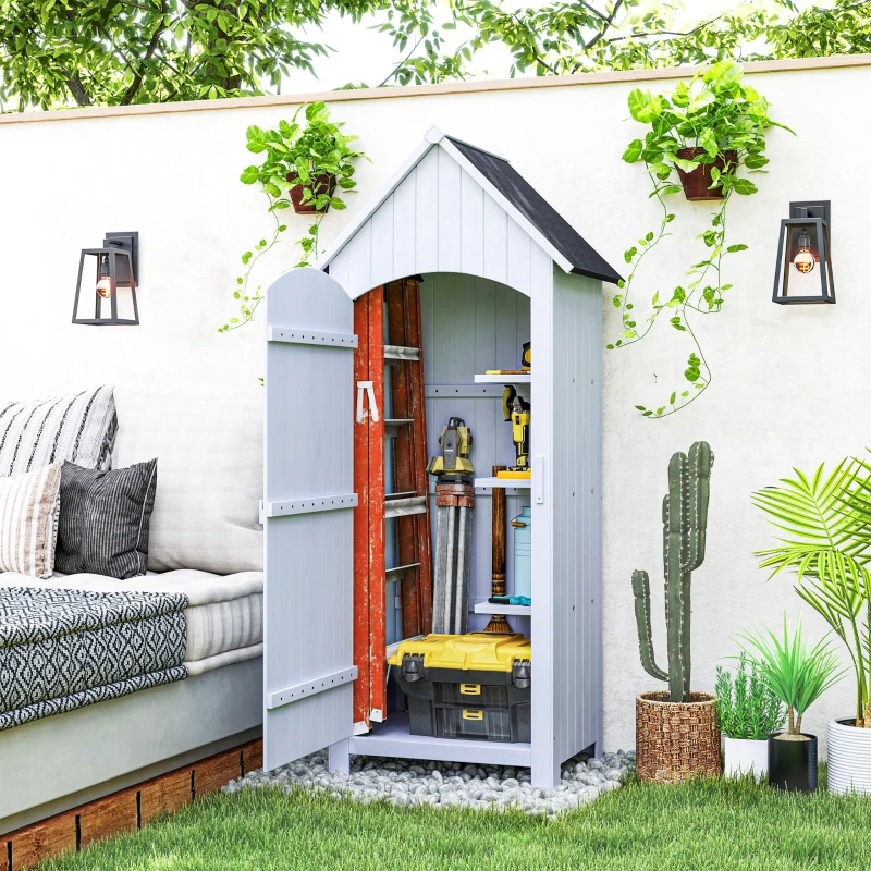 Outsunny Abri de jardin en bois cabane de jardin exterieur armoire de jardin avec toit bitumé 3 étagères porte avec loquet rangement et stockage extérieurs pour terrasse 77,5 x 54,2 x 179,5 cm blanc