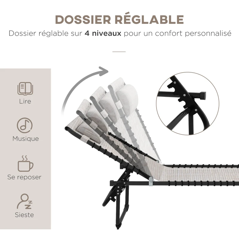 Outsunny Bain de Soleil transat Pliable Dossier inclinable Multi-Positions Acier thermoplastique Lacets élastiques Noir textilène crème