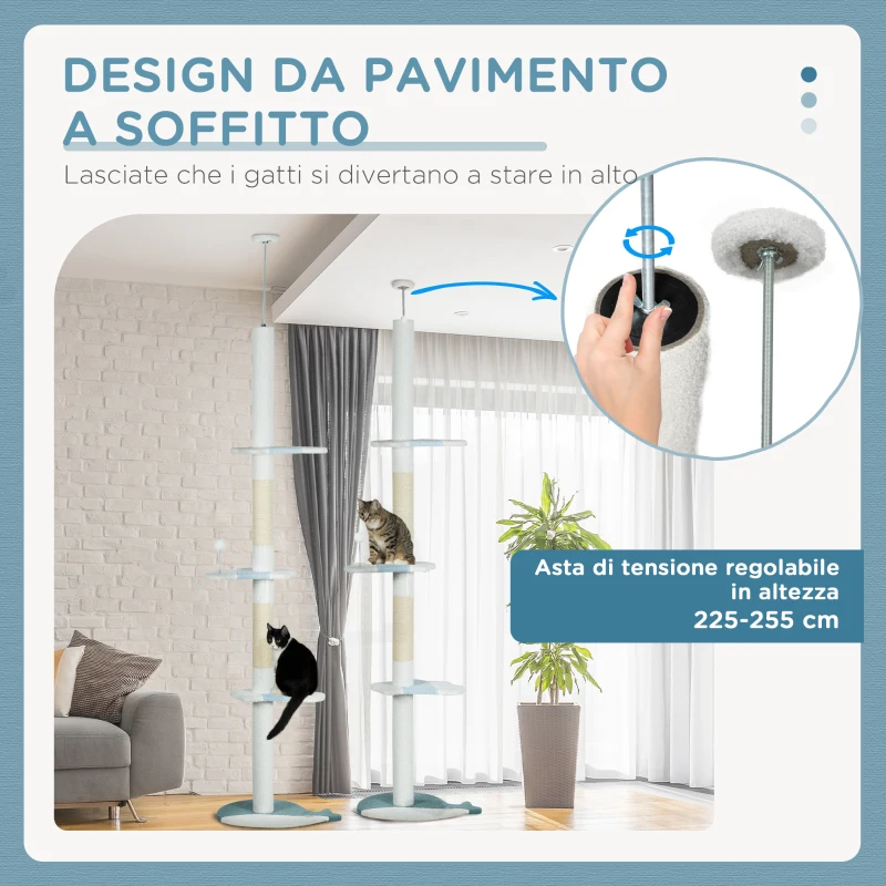 PawHut Albero Tiragraffi per Gatti a Soffitto con Palo Regolabile da 225-255 cm, Pallina e Piattaforme, Bianco