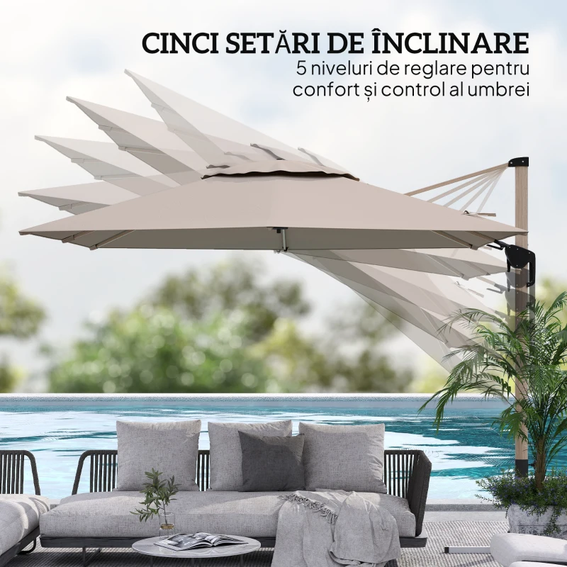 Outsunny Umbrelă de Grădină Suspendată Înclinabilă cu Bază în Cruce UPF50+, Kaki