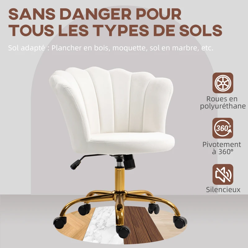 HOMCOM Chaise bureau en velours, chaise coiffeuse avec dossier en pétale, hauteur réglable, 69 x 64 x 80-90 cm, blanc