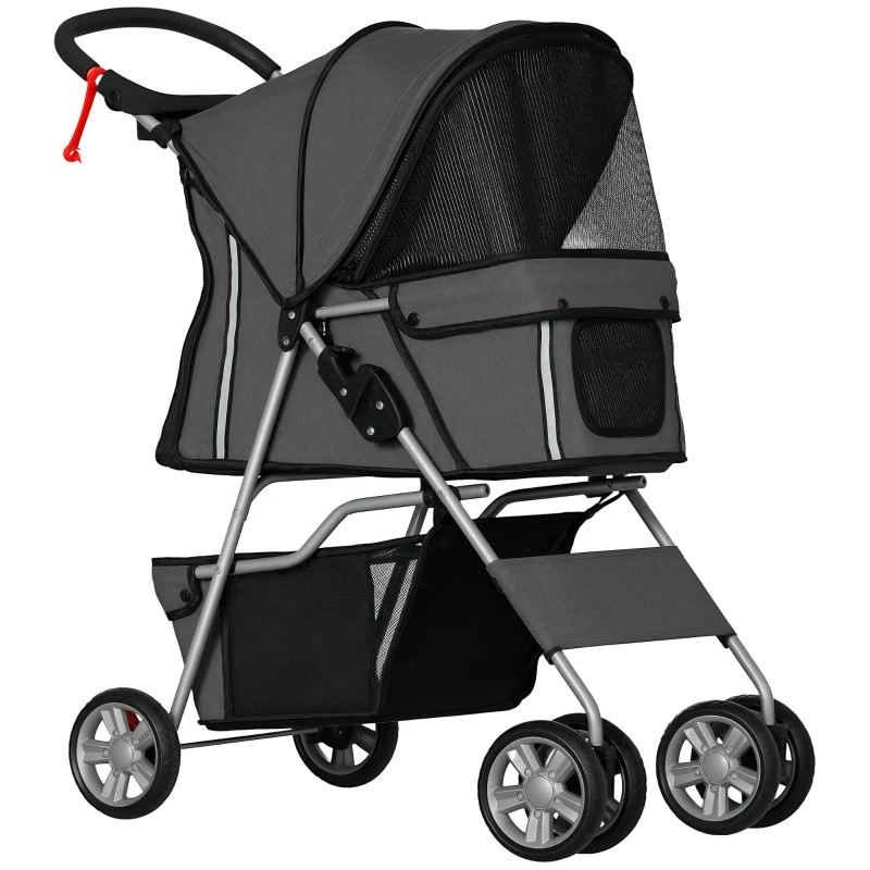 PawHut Carrinho de Passeio para Animais de Estimação Dobrável com Cesta de Armazenamento e Travão 75x45x97 cm Cinza
