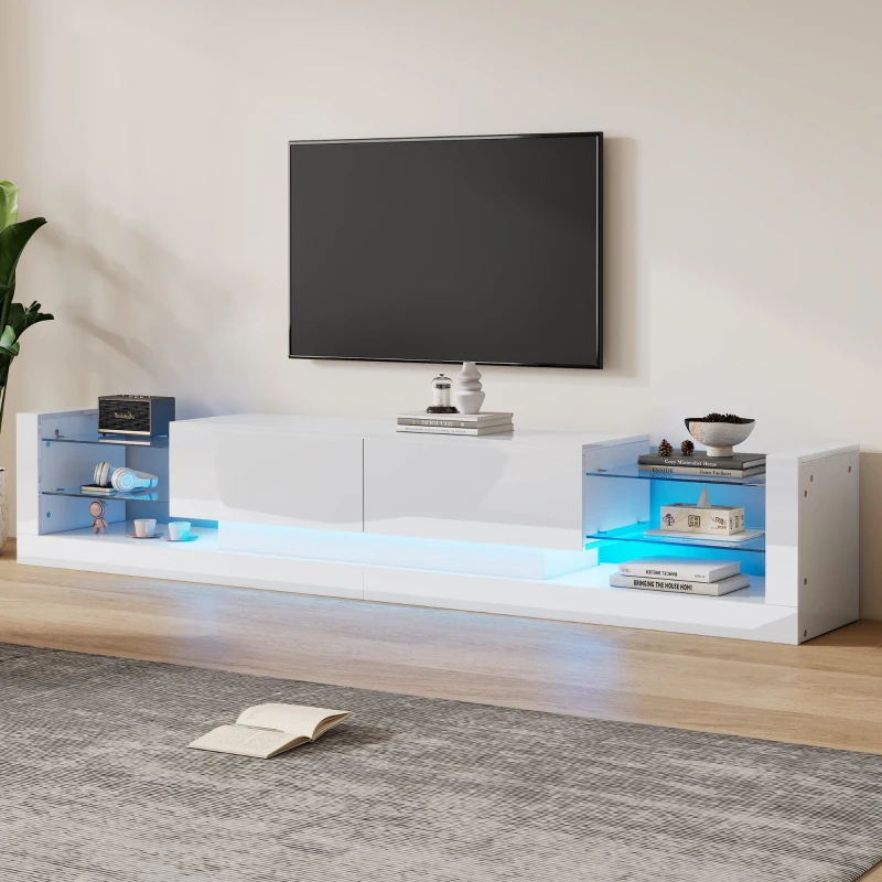 Open Glass Storage TV Stand with LED Lights, Modern Entertainment Centre with High Gloss Finish, Sliding Doors, 181L x 38W x 38H cm, White