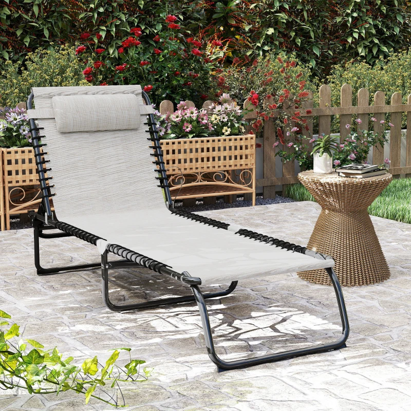 Outsunny Tumbona Plegable y Ajustable de 4 Posiciones Silla Reclinable de Jardín con Sistema de Cordones para Exterior Marco Acero 189x58x30 cm Crema