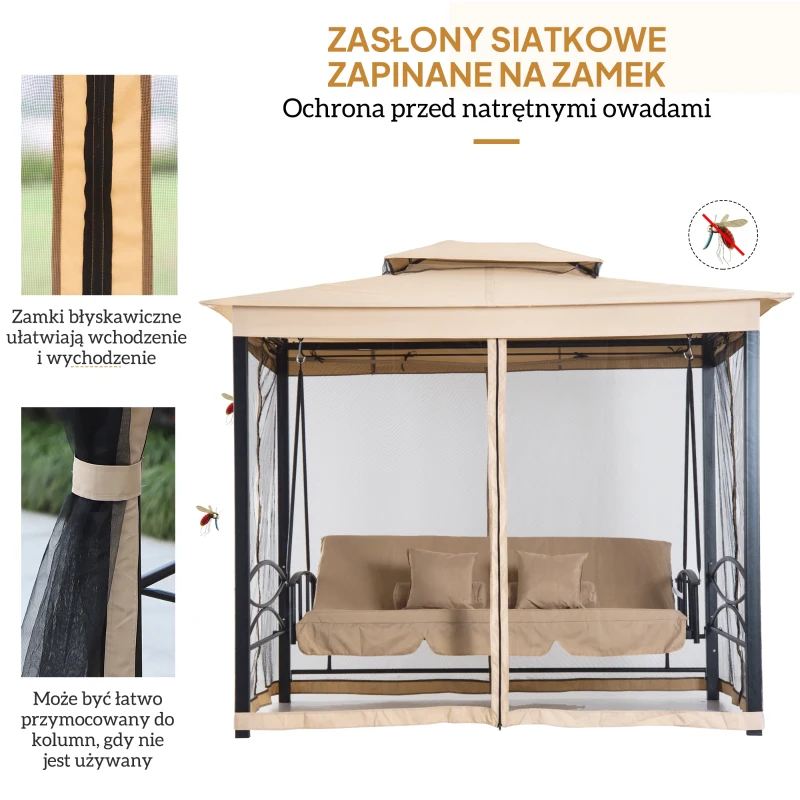 Luksusowa Huśtawka Ogrodowa Outsunny z Ochroną Przeciwsłoneczną i Moskitierą, 3-osobowa, Beżowa