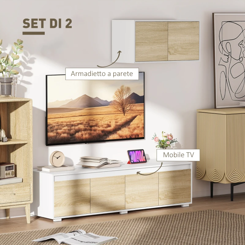 HOMCOM Set 2 Pezzi in Truciolato, Mobile TV max 70" 160x39x43 cm e Mobile Multiuso a Parete 80x35x40 cm