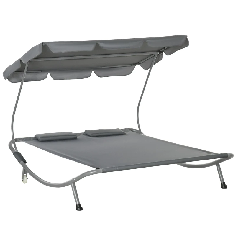 Outsunny Tumbona Doble con Toldo Ajustable Tumbona de Jardín para 2 Personas con Cojines y 2 Ruedas 200x175x134 cm Gris